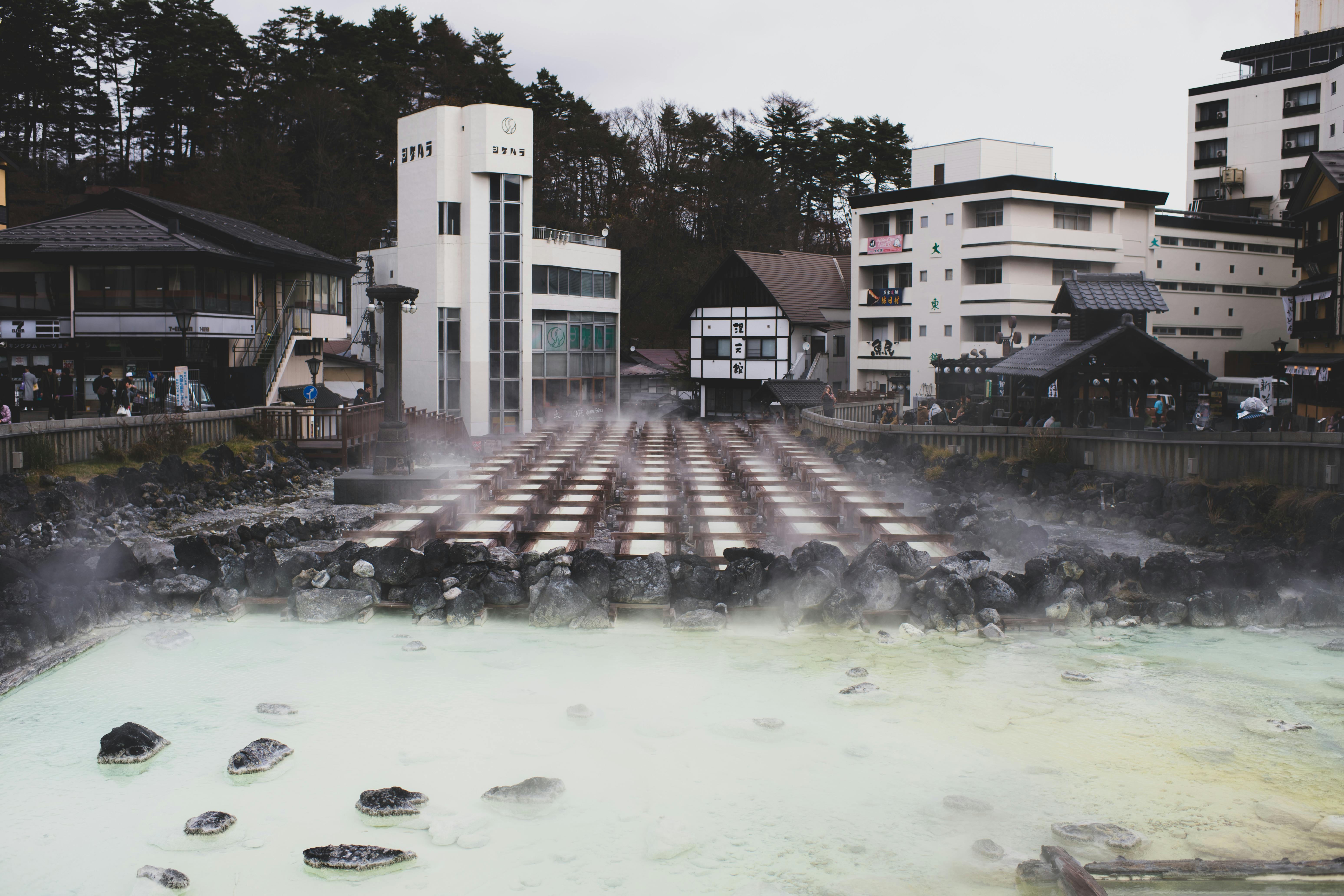 Outdoor hot spring with steam in winter